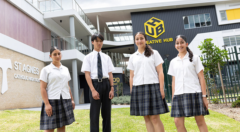 Students standing in front of The Creative Hub at St Agnes Catholic High School Rooty Hill