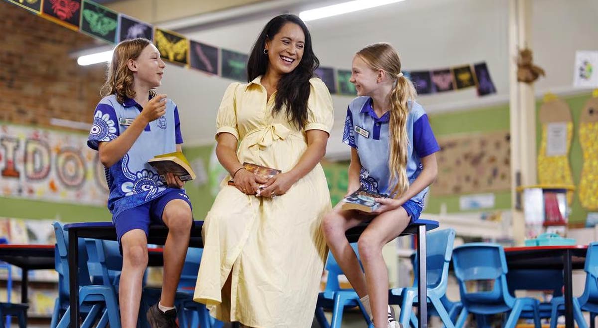 NSW's most loved teachers have been revealed, including Courtney Barnett, pictured here at Terrigal Public School with year 6 students and school leaders Ziggy Beveridge left and Quinn Marchant.
