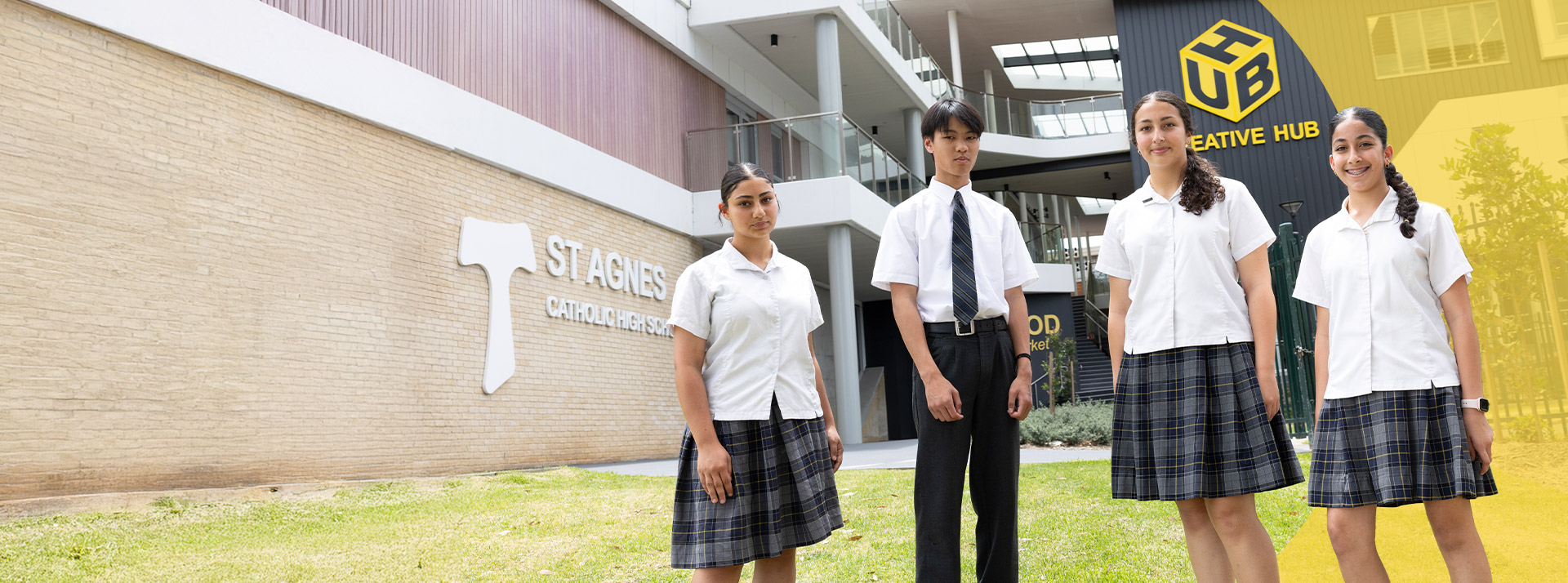 Students standing in front of The Creative Hub at St Agnes Catholic High School Rooty Hill