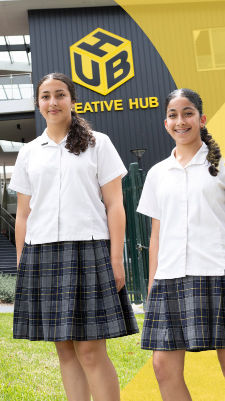 Students standing in front of The Creative Hub at St Agnes Catholic High School Rooty Hill