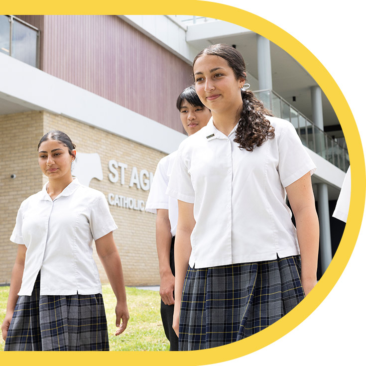 Students walking outside together at St Agnes Catholic High School Rooty Hill